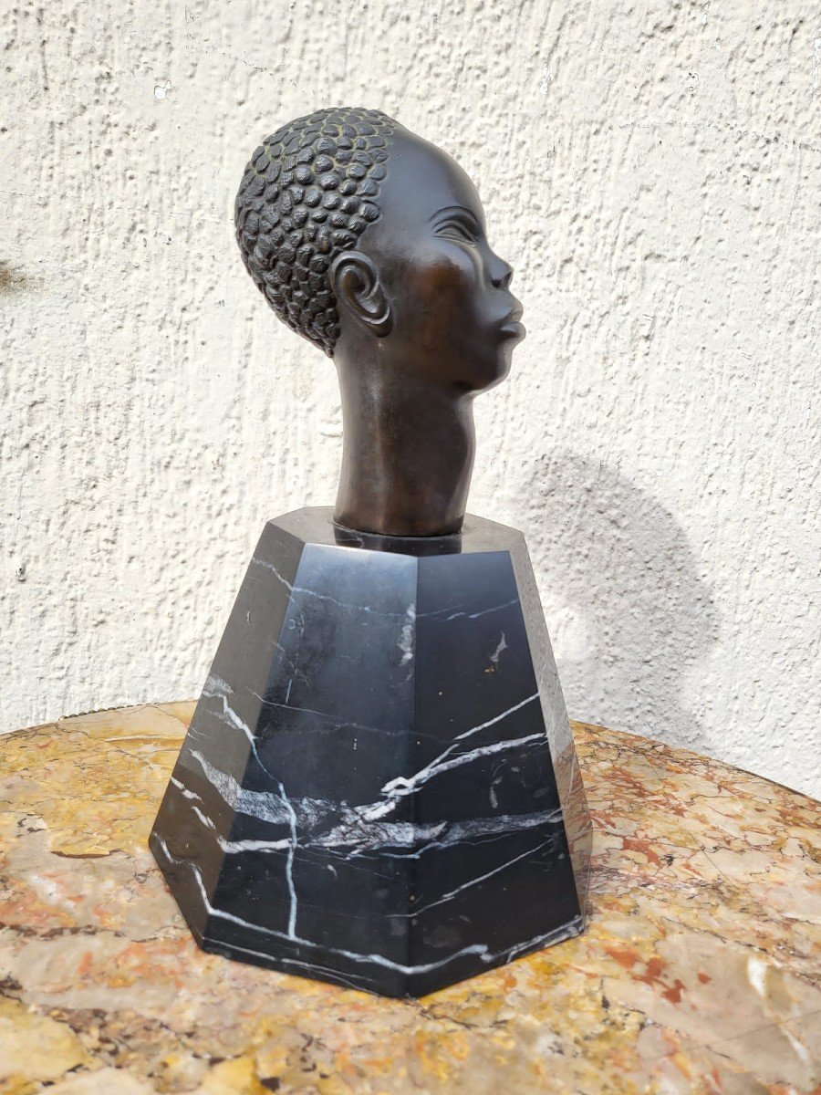 Sculpture En Bronze , Tête d'Africain, Sur Socle, XXème Siècle-photo-2