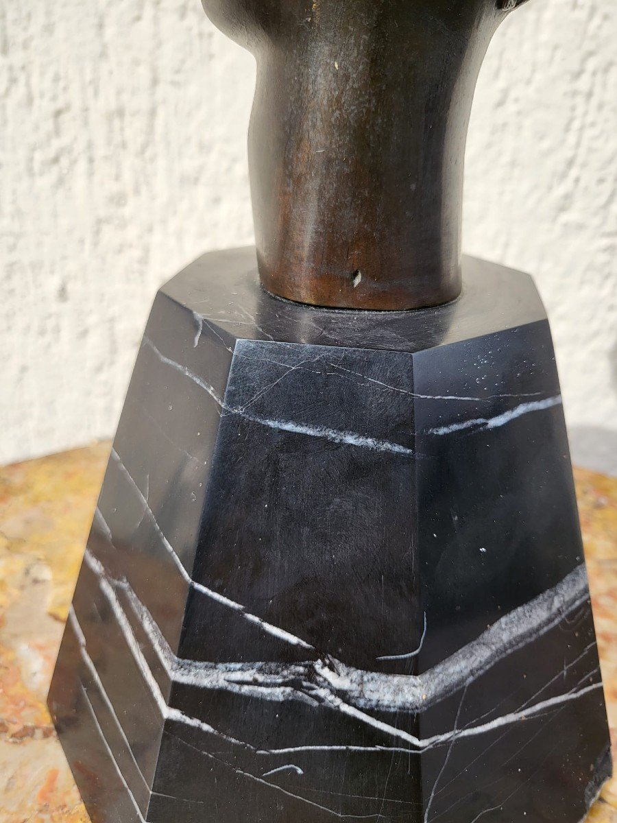 Sculpture En Bronze , Tête d'Africain, Sur Socle, XXème Siècle-photo-2