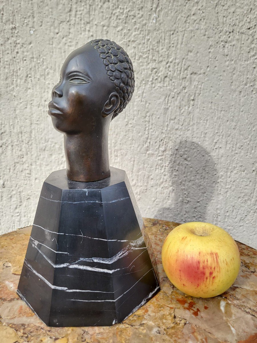 Sculpture En Bronze , Tête d'Africain, Sur Socle, XXème Siècle