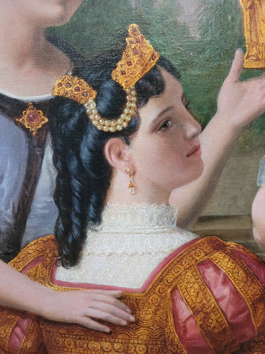 *Offre spéciale *Reines au Palais,  Grande Huile Sur Toile, XIXème Siècle-photo-2