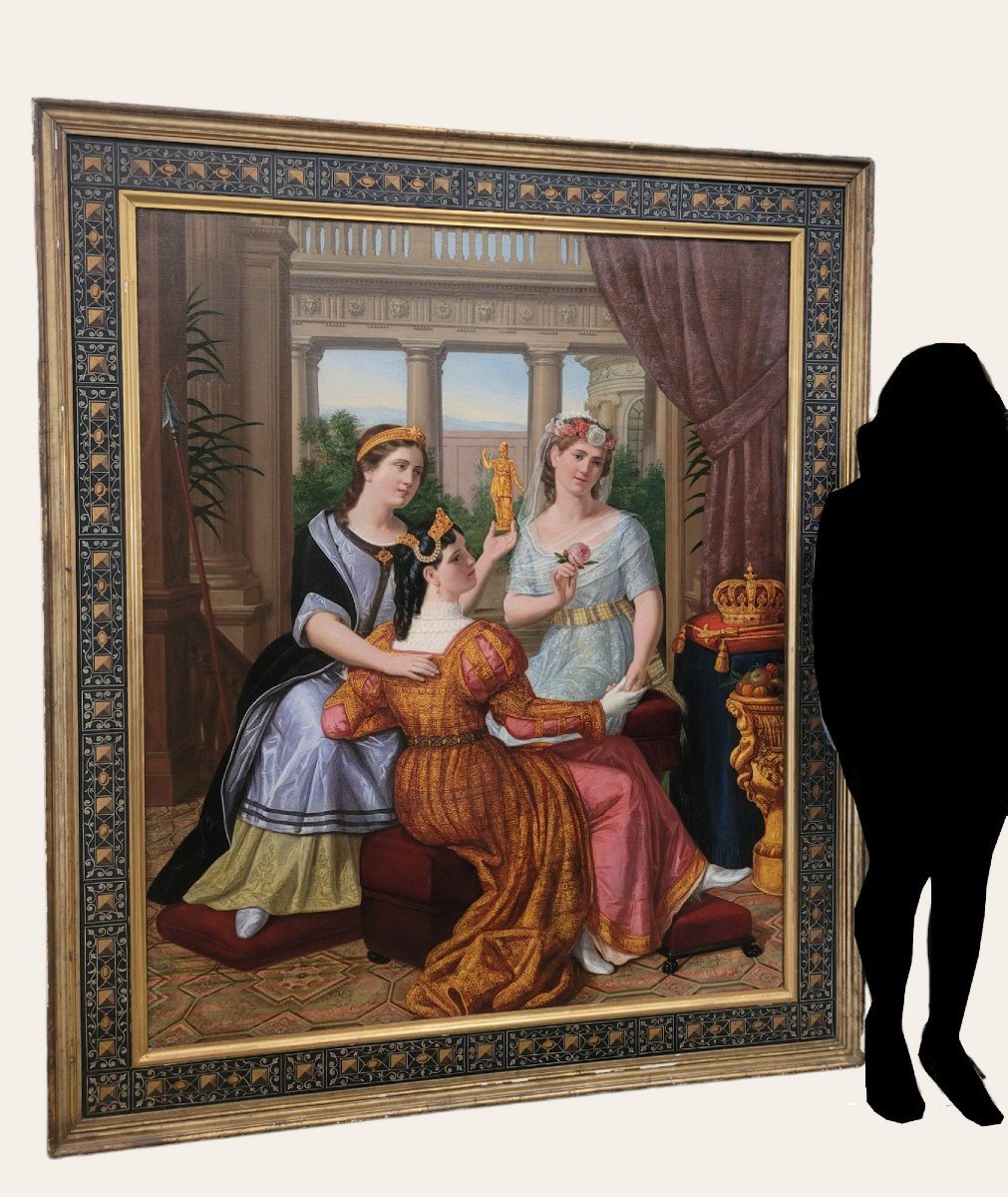 *Offre spéciale *Reines au Palais,  Grande Huile Sur Toile, XIXème Siècle