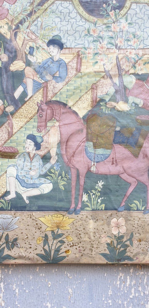 Kajar Panel In Painted Silk, 19th Century-photo-4