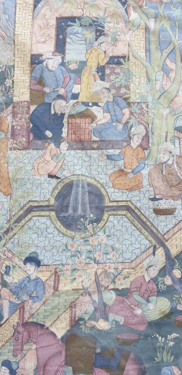 Kajar Panel In Painted Silk, 19th Century-photo-2