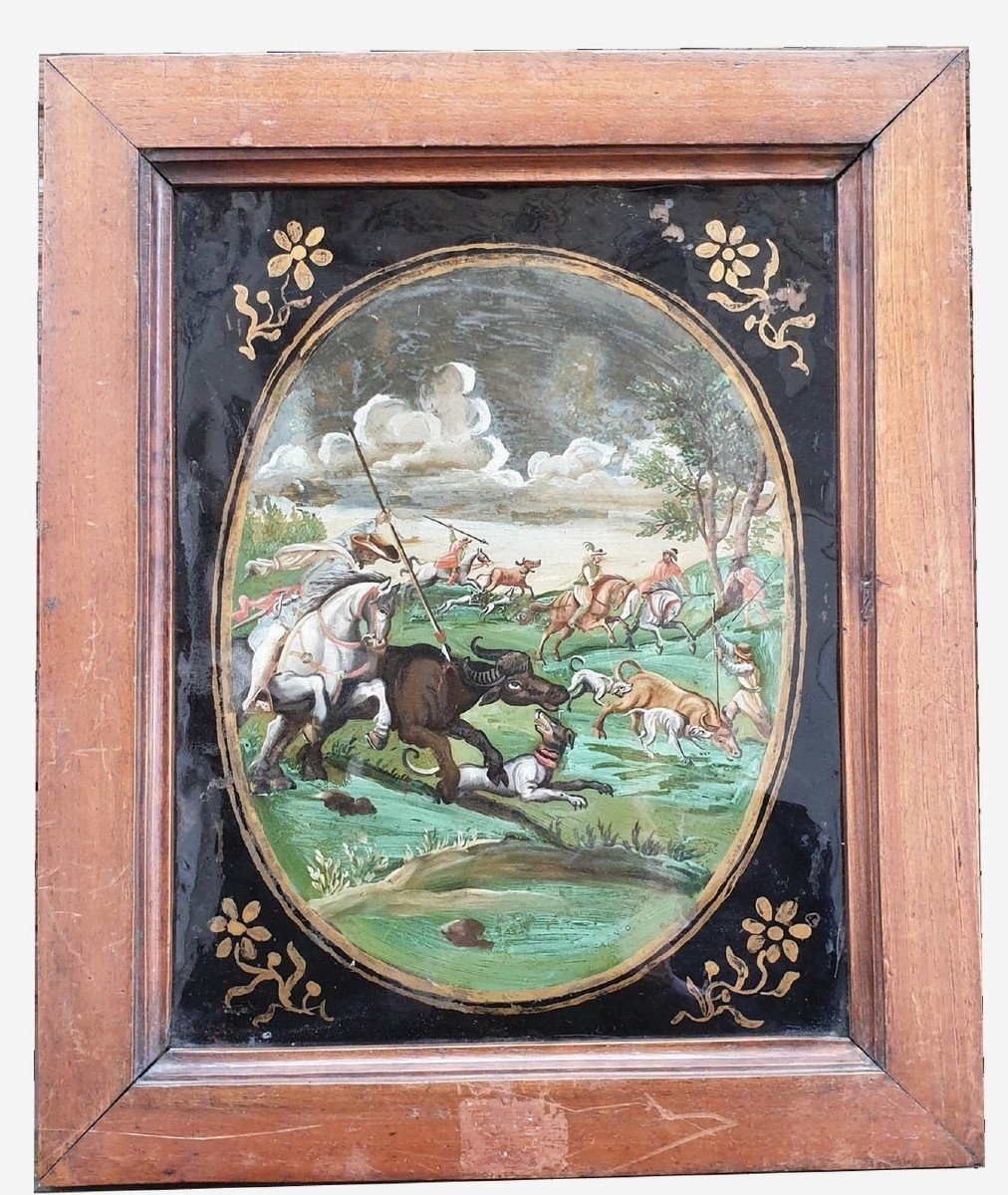 The Buffalo Hunt, Fixed Under Glass, Indo-portuguese? 18th Century