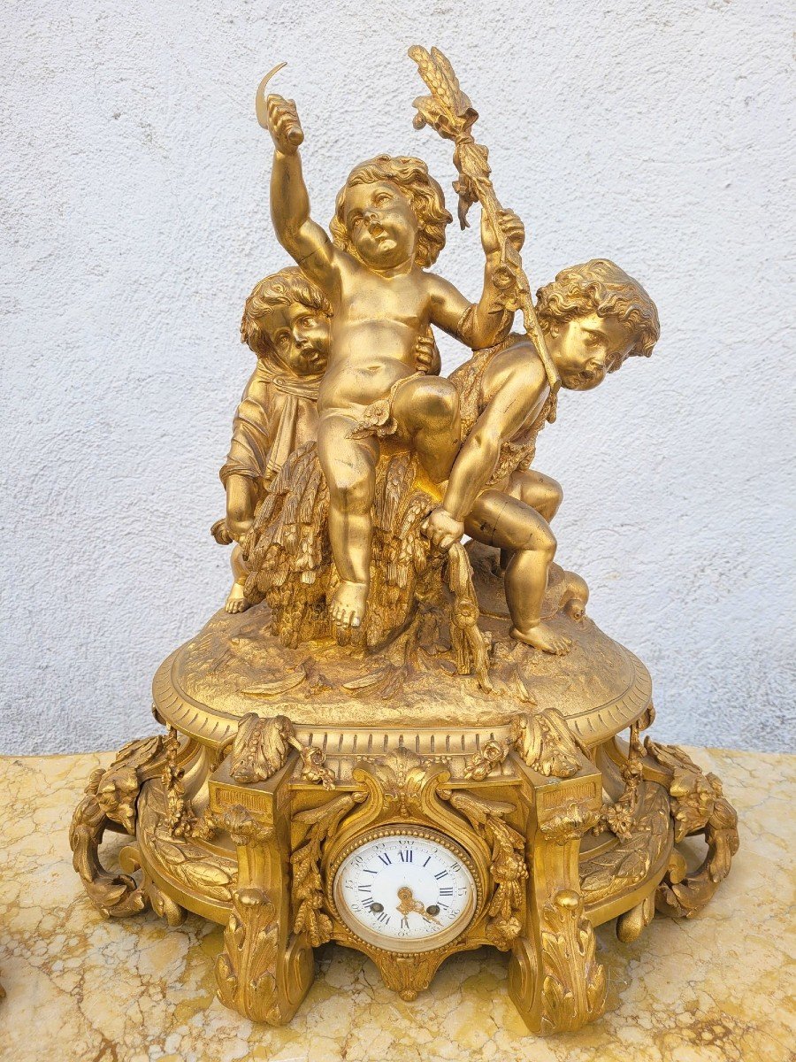 Buhot, Garniture de cheminée Aux Puttis, Bronze Doré, XIXème Siècle-photo-2