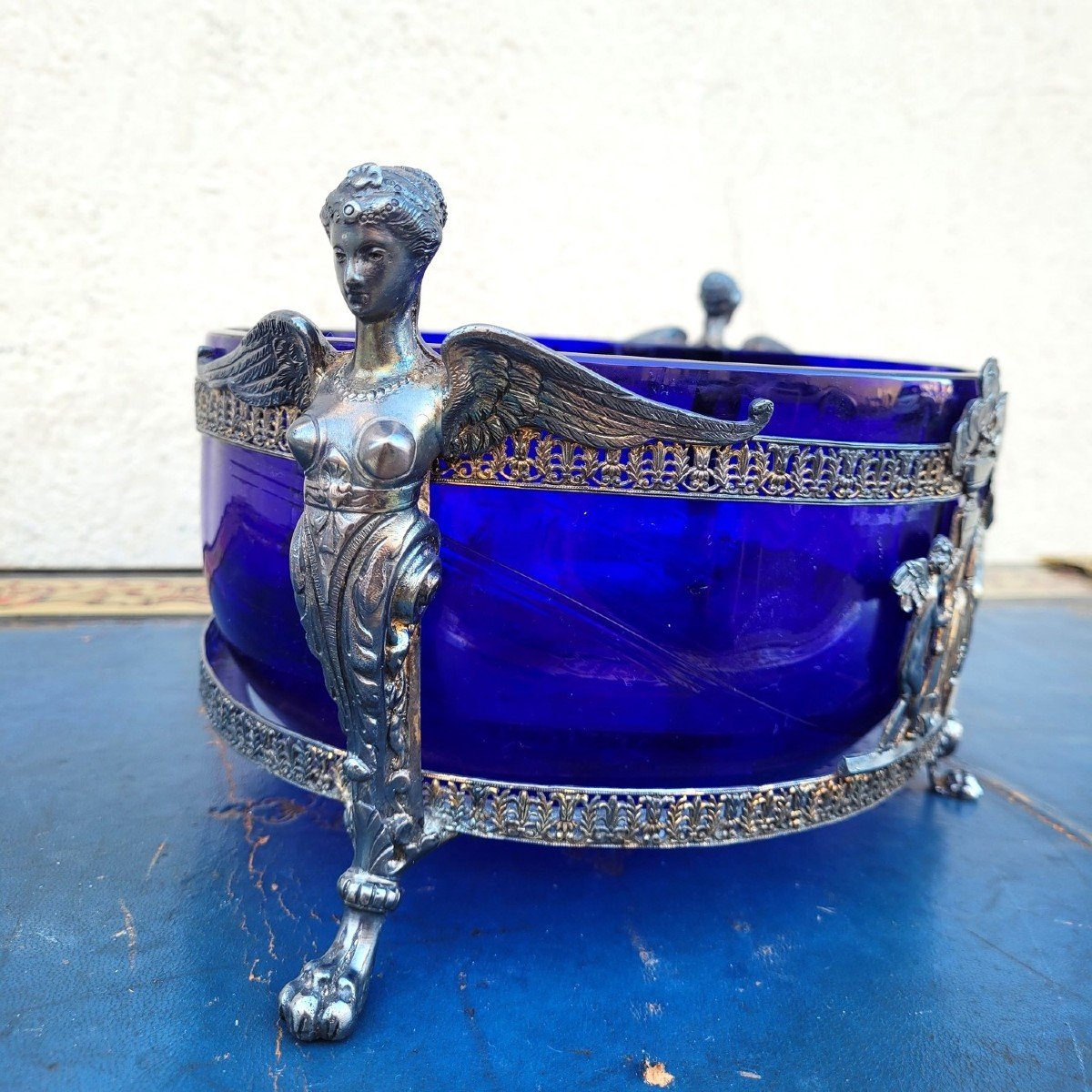 Hercules And Omphale, Glass And Silverplated  Metal Bowl , Late 19th Early 20th Century-photo-1