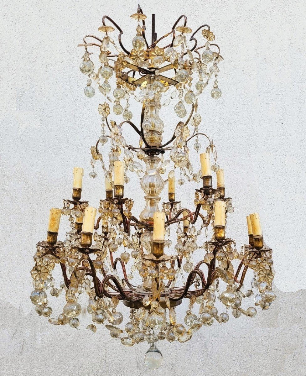 Large Cage Chandelier With Tassels, 18 Lights, Late 19th Early 20th Century