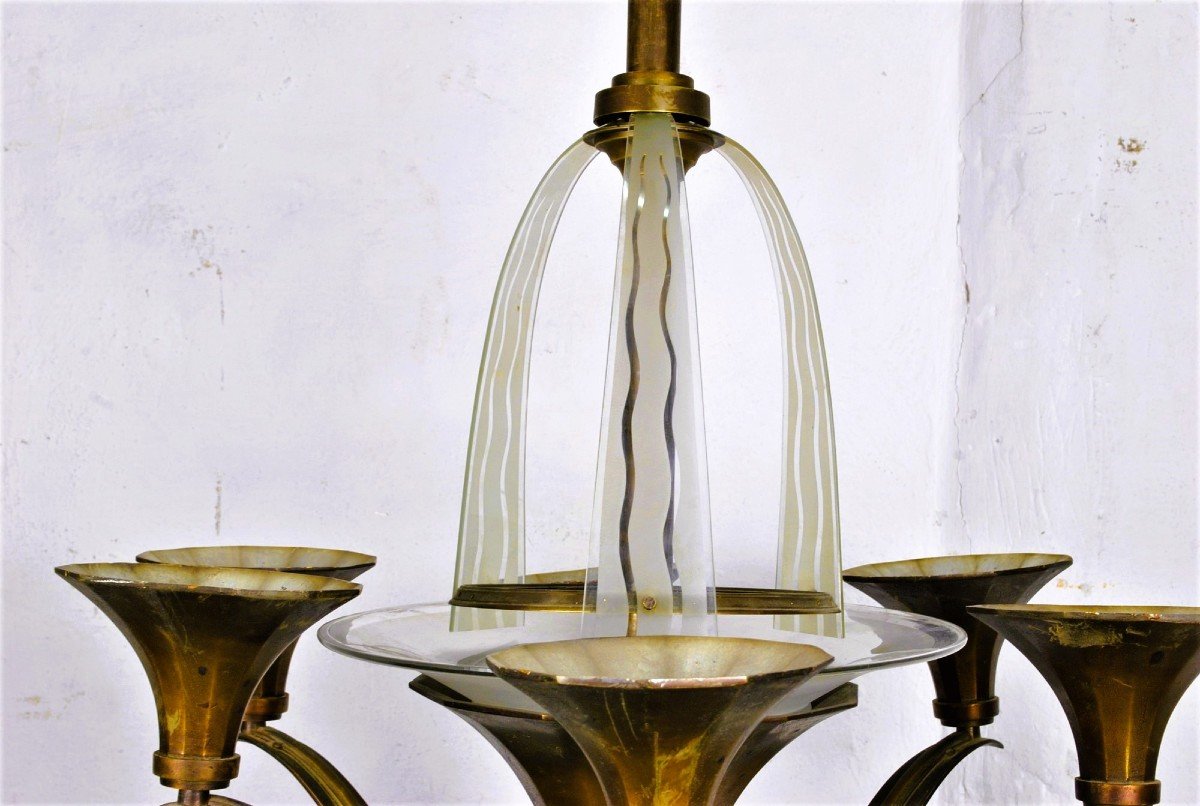 Lustre En Bronze Et Verre, Art Déco, XXème Siècle-photo-3