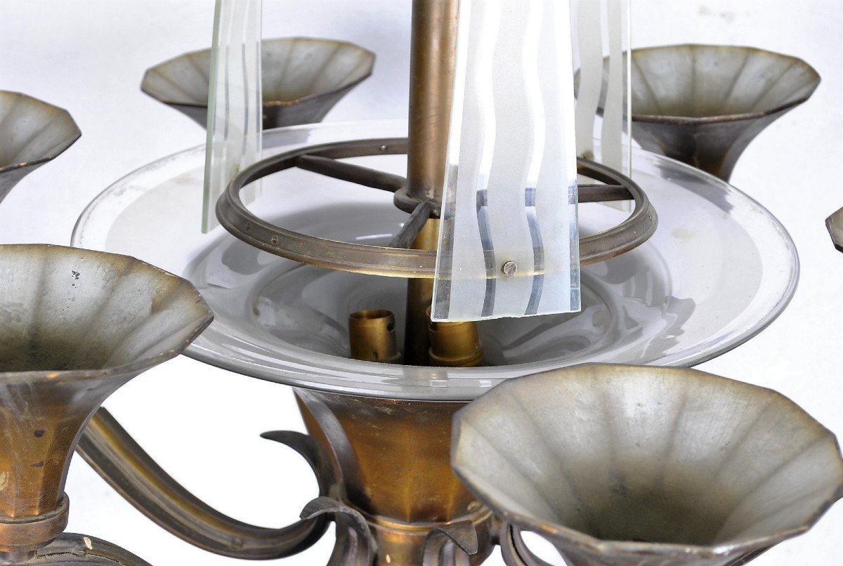 Lustre En Bronze Et Verre, Art Déco, XXème Siècle-photo-1