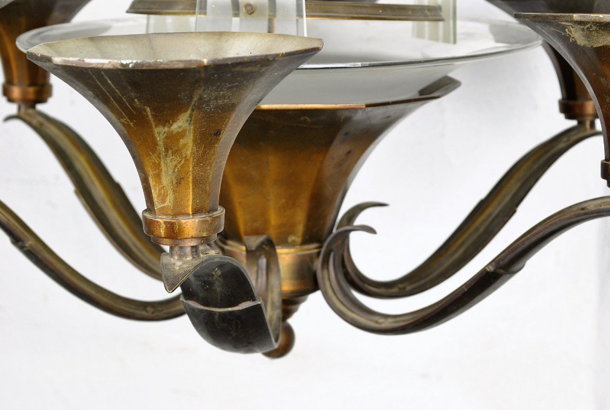 Lustre En Bronze Et Verre, Art Déco, XXème Siècle-photo-4