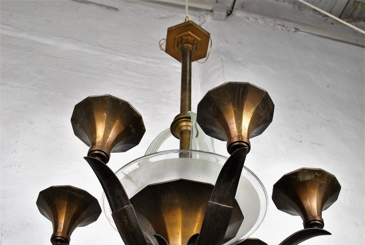 Lustre En Bronze Et Verre, Art Déco, XXème Siècle-photo-6