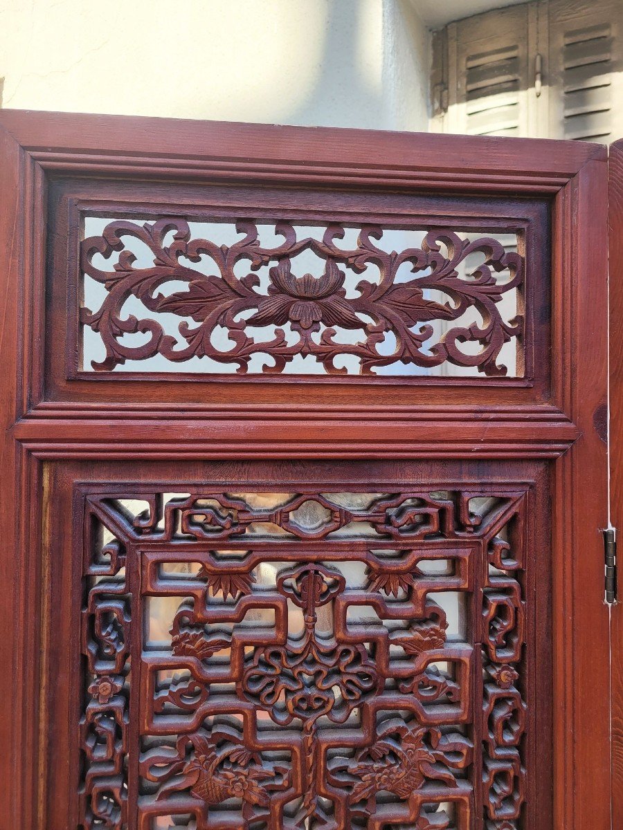 Grand Paravent En Bois Sculpté Et Miroir, Asie, XXème Siècle-photo-2