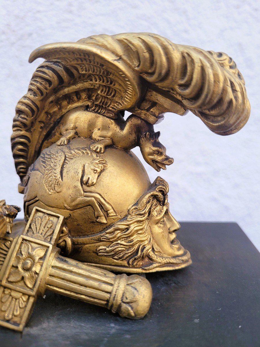 Clock With Warrior Helmet, Bronze, 19th Century-photo-2