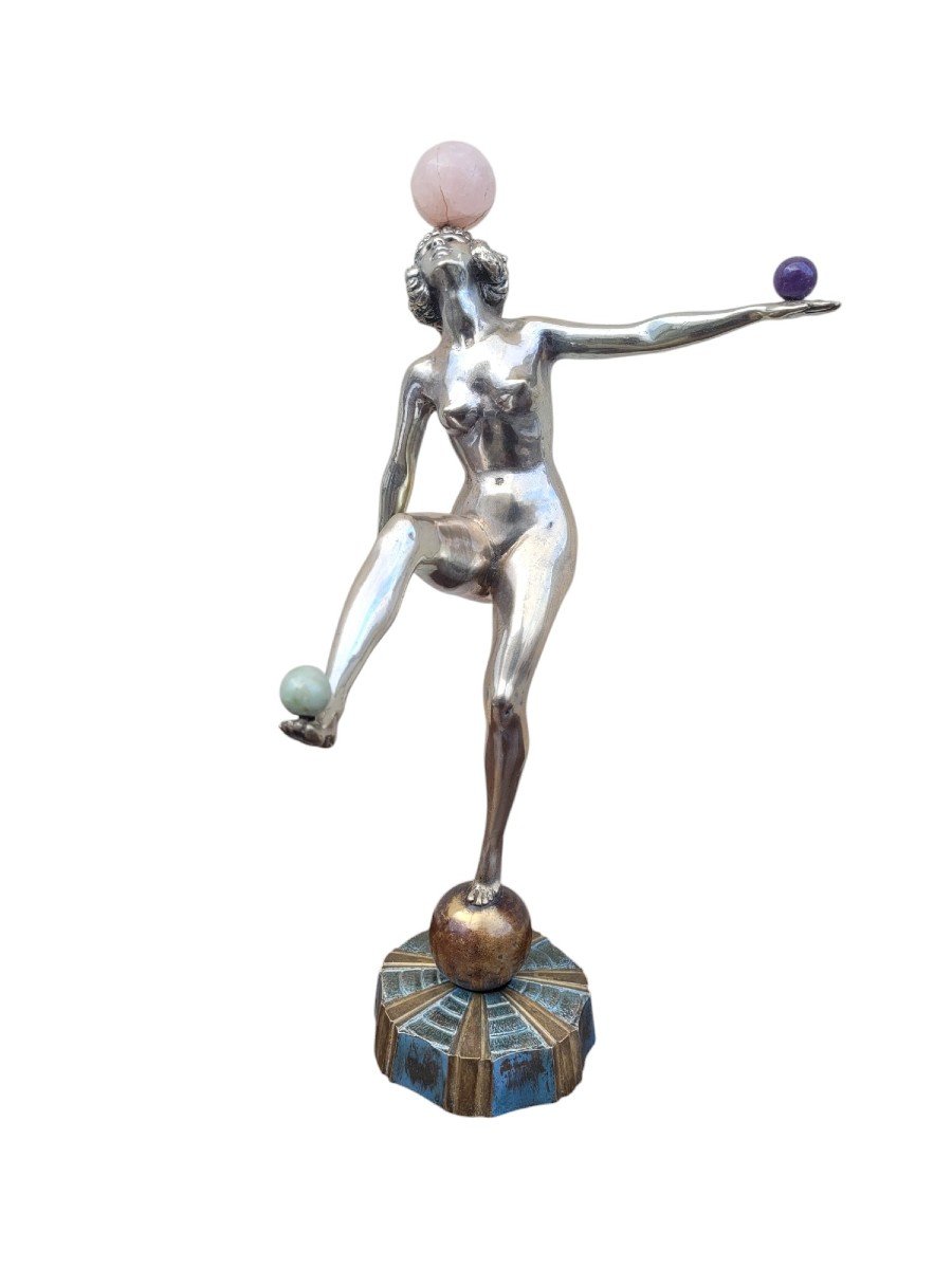 Danseuse Aux Balles En Bronze Argenté, Art Déco, XXème Siècle