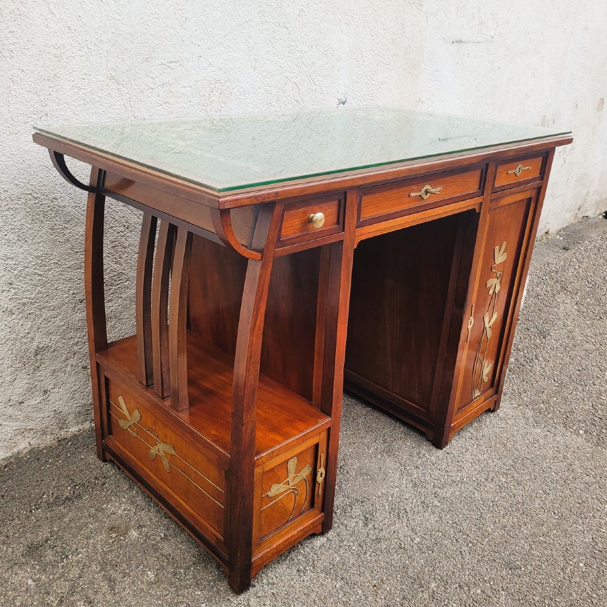 Art Nouveau Desk In Wood With Brass Decoration, Late 19th And Early 20th Century-photo-1