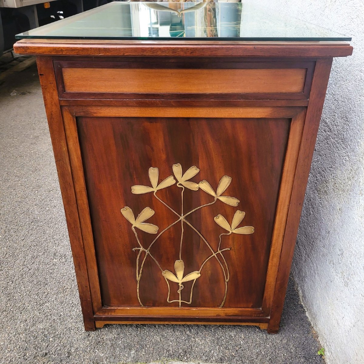 Art Nouveau Desk In Wood With Brass Decoration, Late 19th And Early 20th Century-photo-3