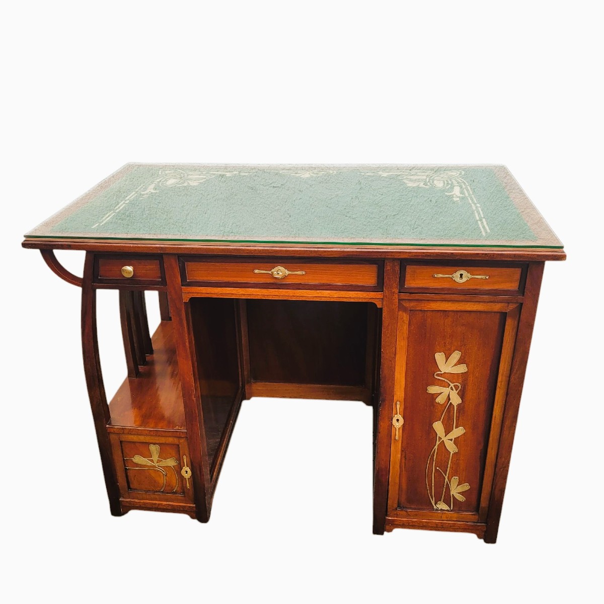 Art Nouveau Desk In Wood With Brass Decoration, Late 19th And Early 20th Century