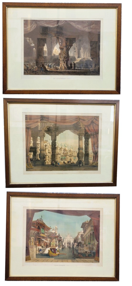 Set Of 3 Watercolored Engravings, Theater Decorations, 19th Century