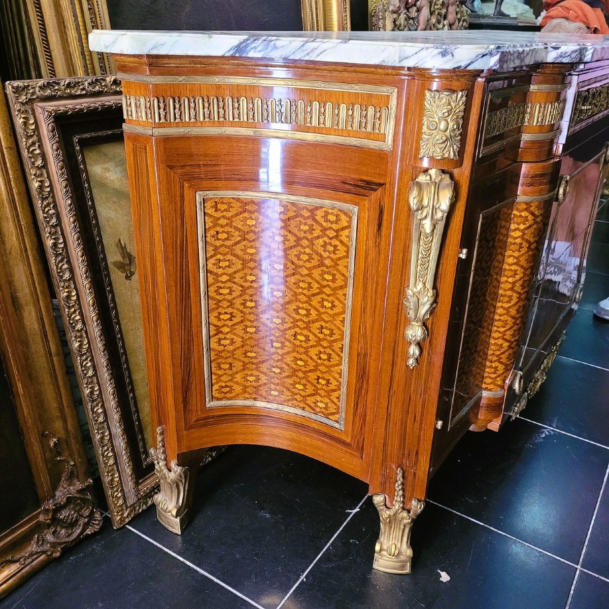 Grosse commode en marqueterie et bronze, début XXème siècle-photo-2
