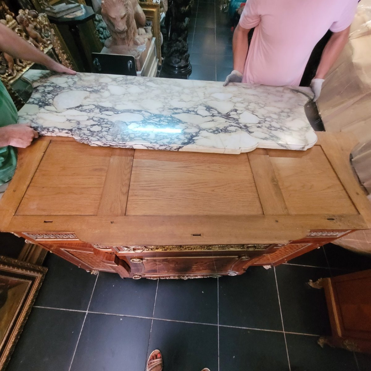 Grosse commode en marqueterie et bronze, début XXème siècle-photo-7