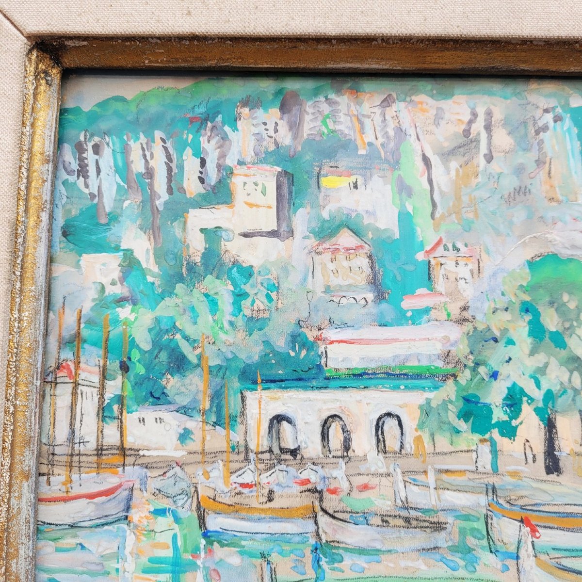 Lucien Genin, Port Of Villefranche Sur Mer, Framed Watercolor, Mid-20th Century-photo-2