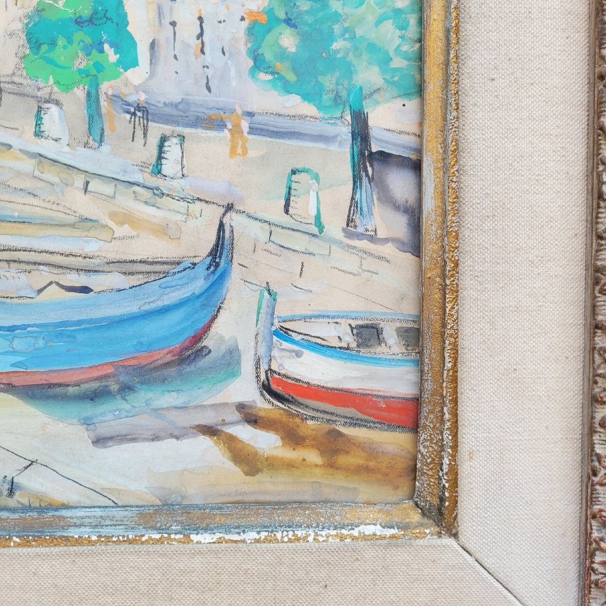 Lucien Genin, Port Of Villefranche Sur Mer, Framed Watercolor, Mid-20th Century-photo-4
