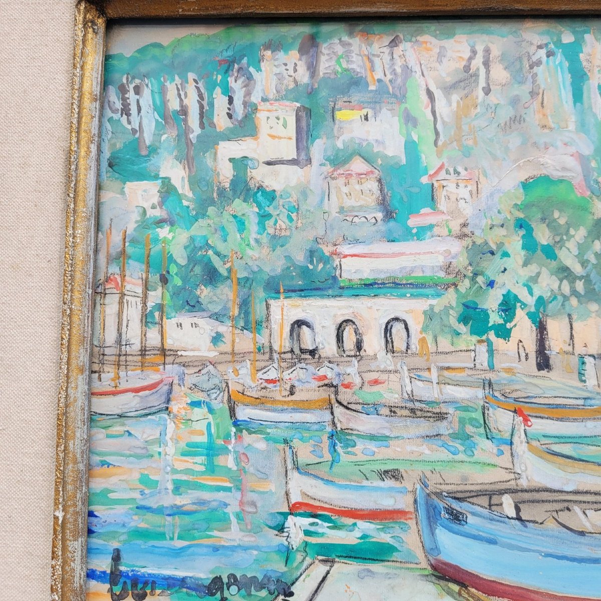 Lucien Genin, Port Of Villefranche Sur Mer, Framed Watercolor, Mid-20th Century-photo-4
