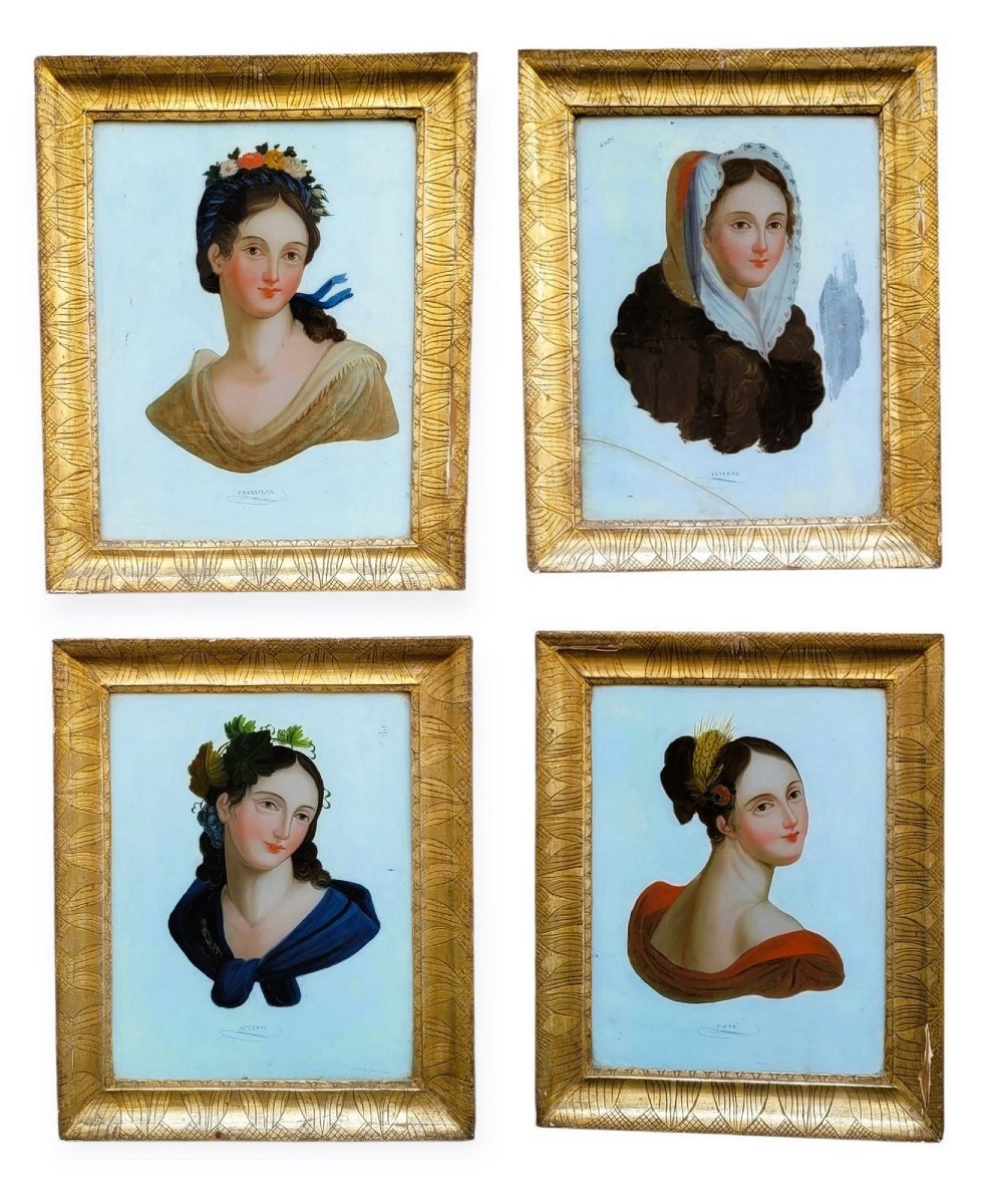 The 4 Seasons, Allegories Of 4 Framed Under Glass, 19th Century