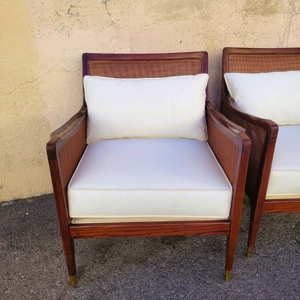 Pair Of Wooden And Rattan Woven Armchairs, 20th Century-photo-2