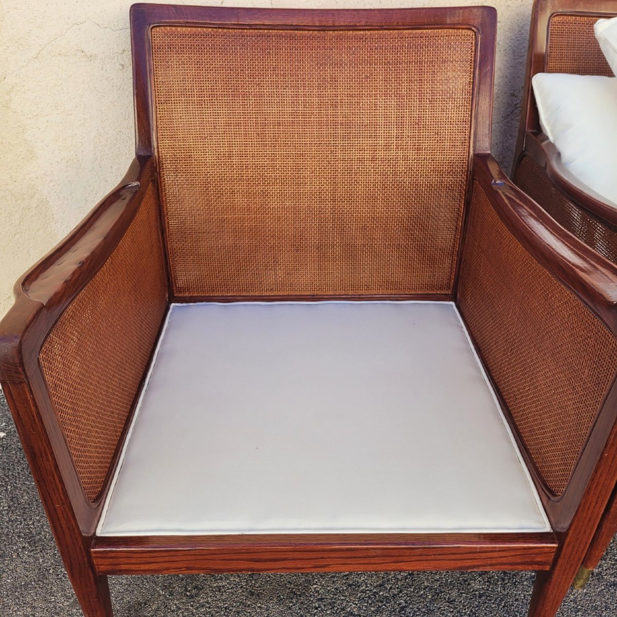 Pair Of Wooden And Rattan Woven Armchairs, 20th Century-photo-4