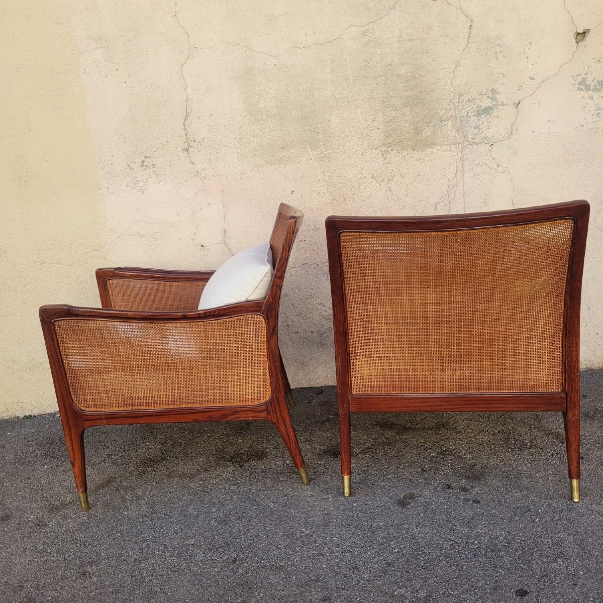 Pair Of Wooden And Rattan Woven Armchairs, 20th Century-photo-2