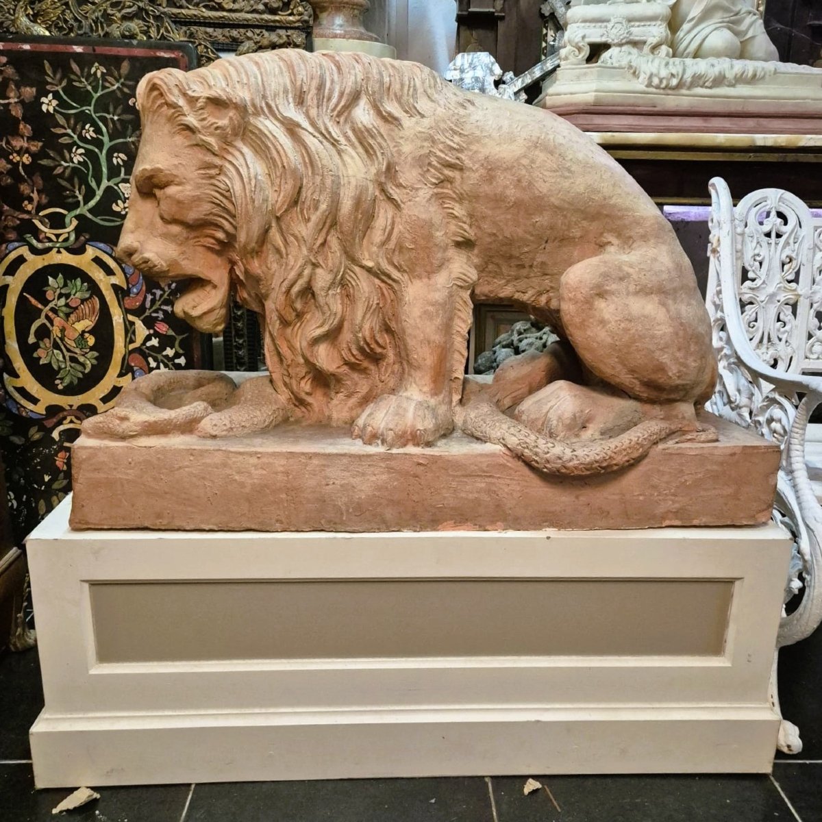 Pair Of Terracotta Lions On A Base, 19th Century-photo-3