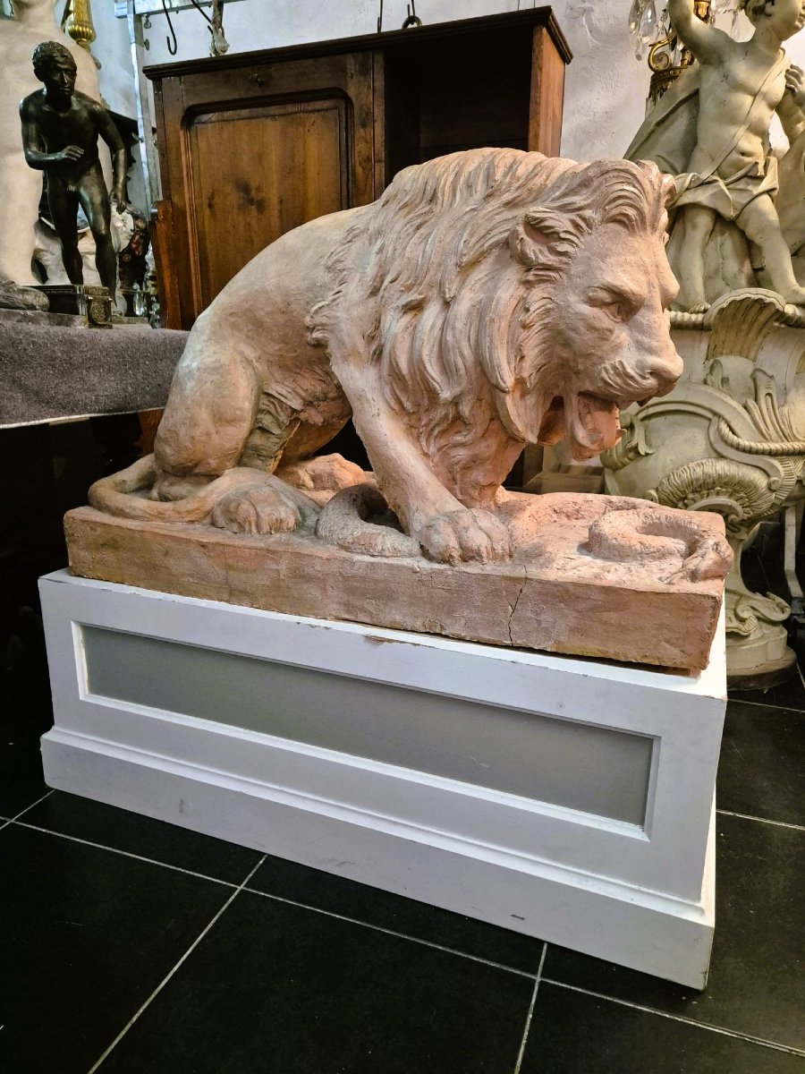 Pair Of Terracotta Lions On A Base, 19th Century-photo-4