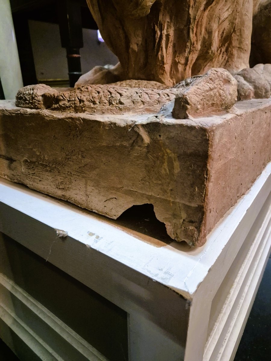 Pair Of Terracotta Lions On A Base, 19th Century-photo-6