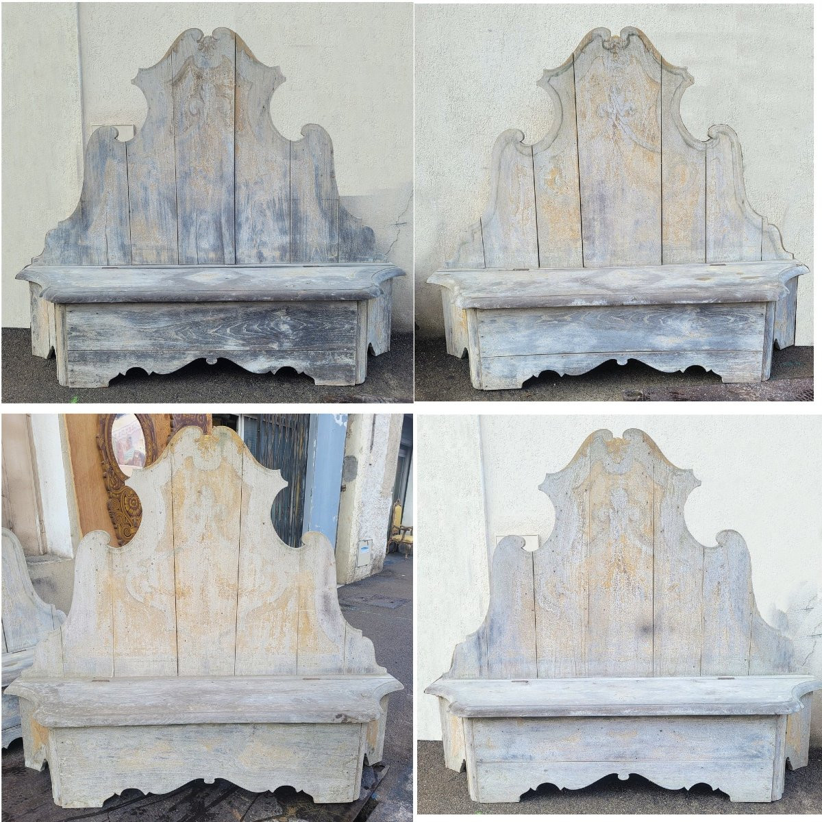 Rare Set Of 4 Painted Wooden Castle Entrance Benches/chests, 19th Century-photo-4