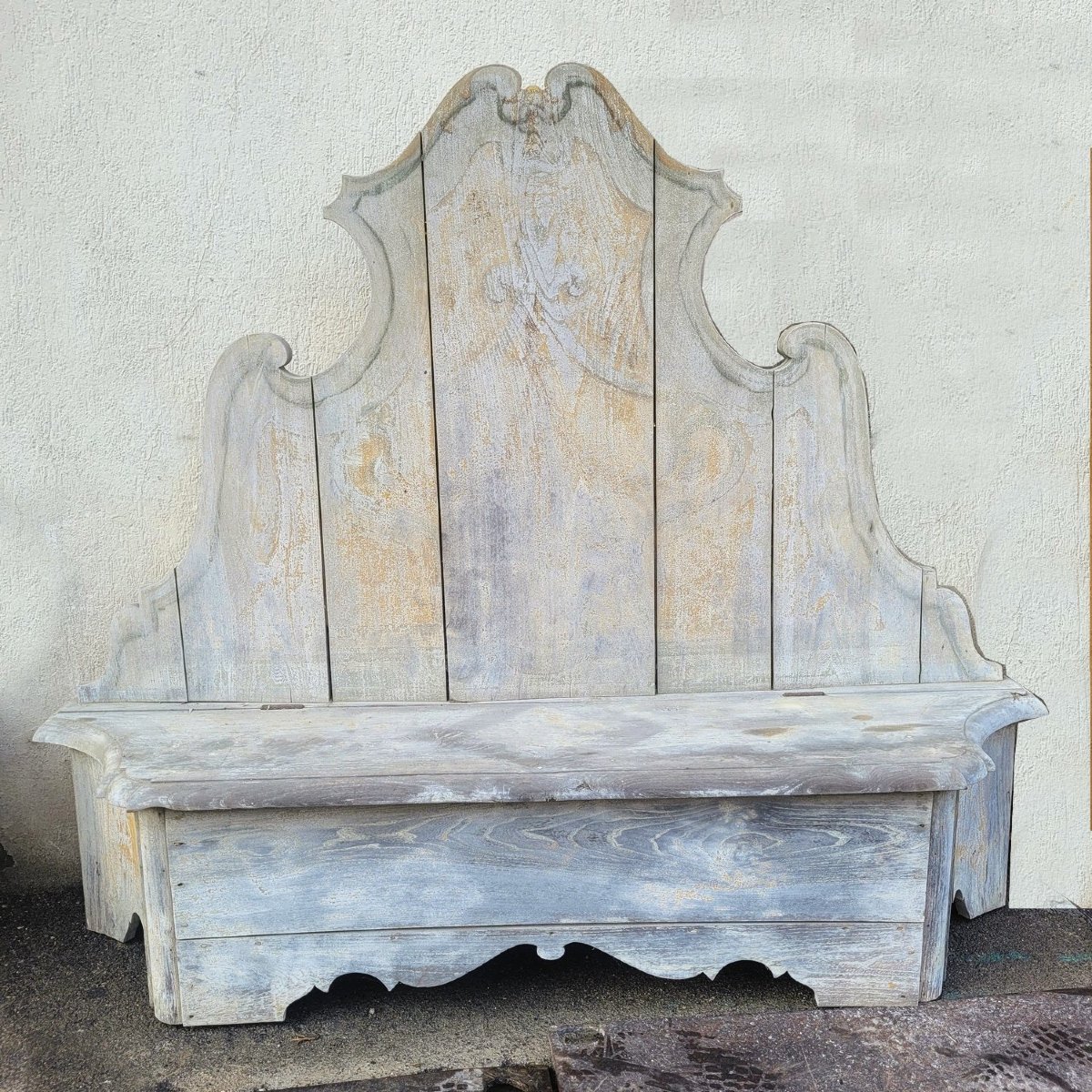 Rare Set Of 3 Painted Wooden Castle Entrance Benches/chests, L190cm, 19th Century-photo-6
