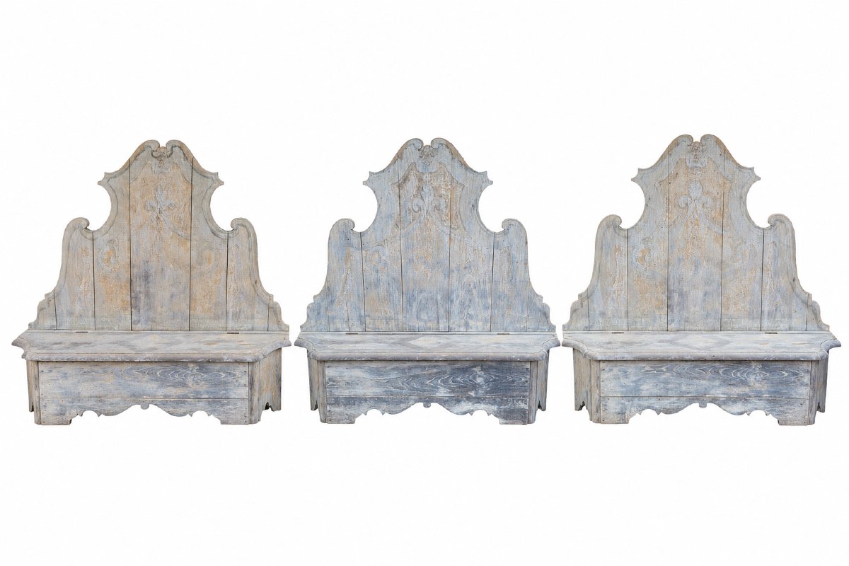 Rare Set Of 3 Painted Wooden Castle Entrance Benches/chests, L190cm, 19th Century