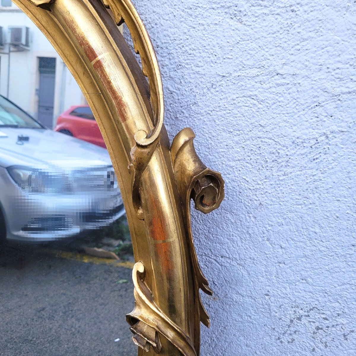 Grand miroir oval en bois doré sculpté, XIXème siècle-photo-3