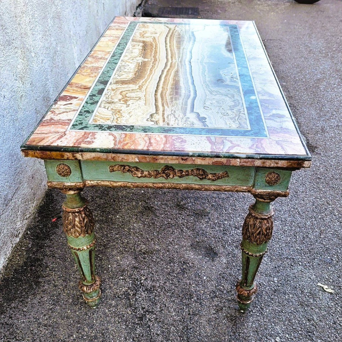 Coffee Table In Marble Marquetry And Lacquered Wood, Late 19th/early 20th Century-photo-3