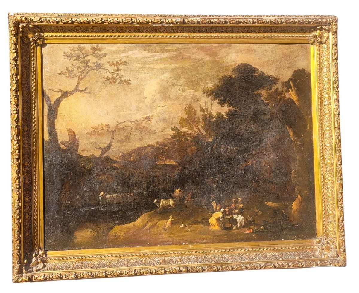 Spectaculaire Tableau, 193x243cm, paysage animé, XVIIème siècle
