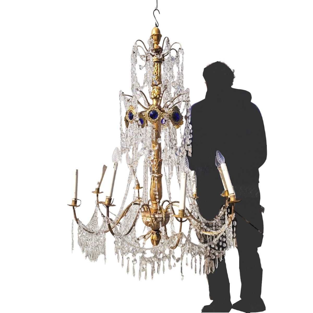 Genoese Chandelier, 135cm High, In Gilded Wood And Crystal, Early 19th Century-photo-4