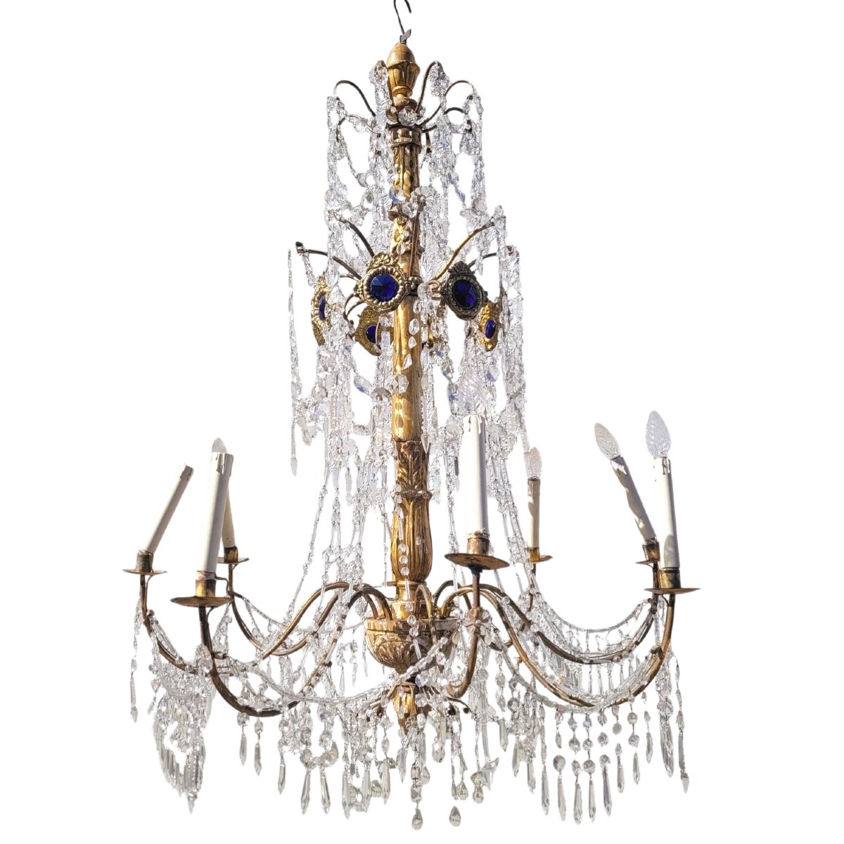 Genoese Chandelier, 135cm High, In Gilded Wood And Crystal, Early 19th Century