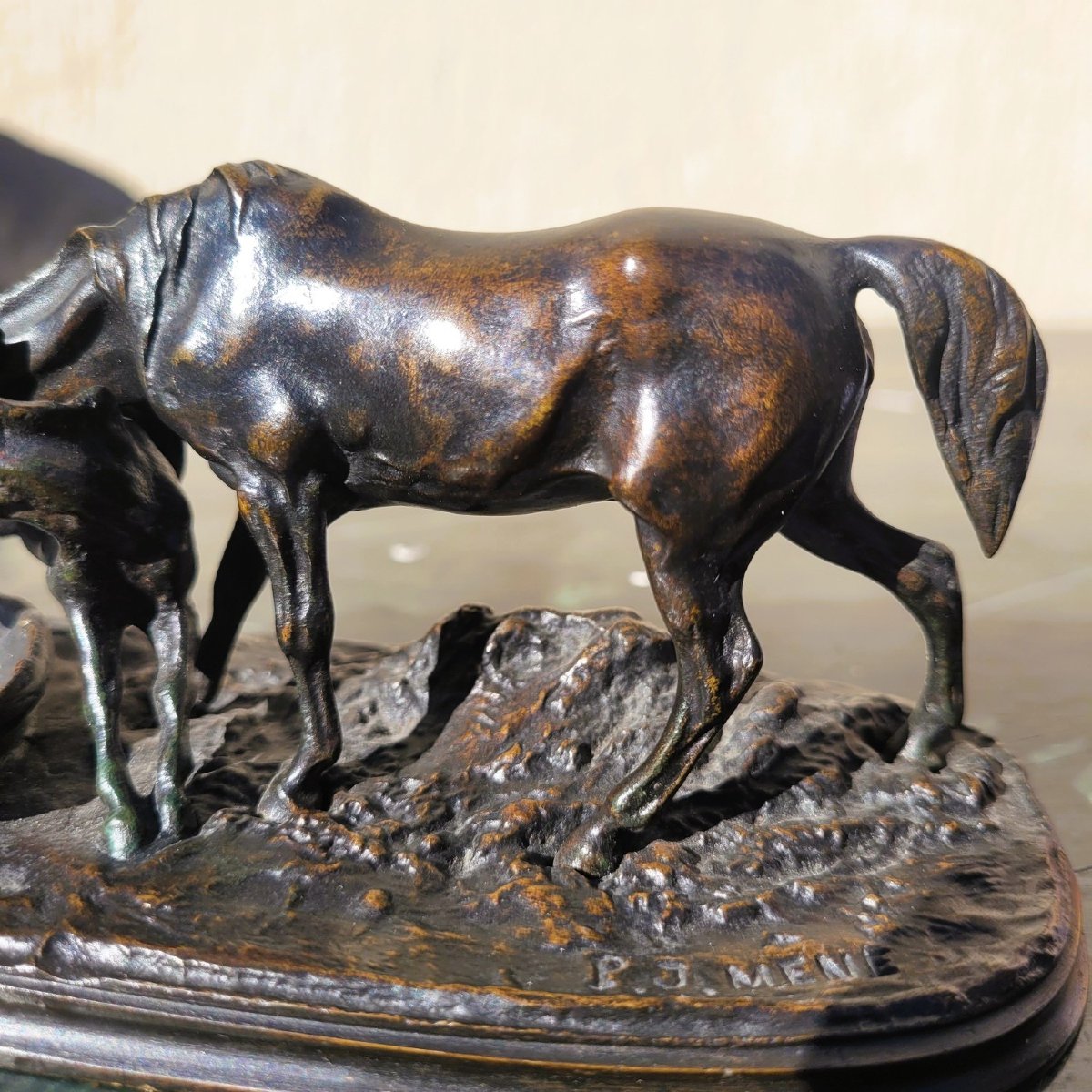 Pj Mêne, Arabian Mare And Her Foal, Signed Bronze, 19th Century-photo-6