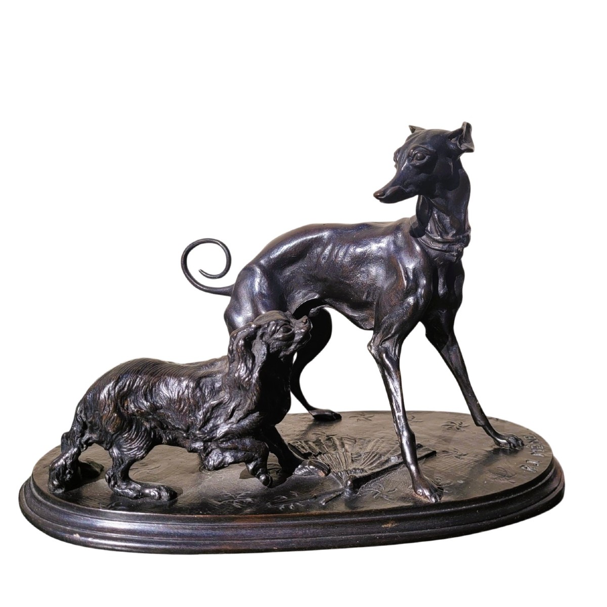 P J Mêne, Greyhound And King Charles, Signed Bronze, 19th Century