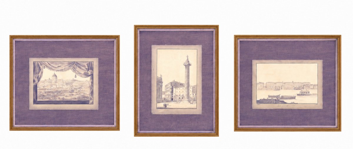 Suite Of 3 Views Of Rome, Framed Drawings, Illegible Signature, Early 19th Century