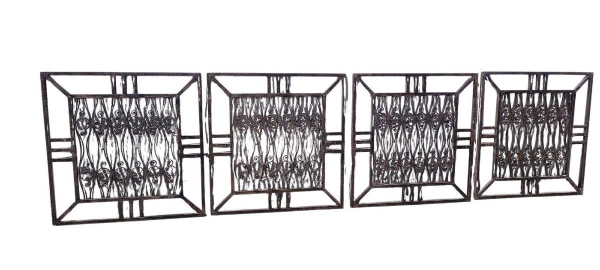 Suite Of 4 Wrought Iron Grills, Attributed To Edouard Schenck, Art Deco, 20th Century