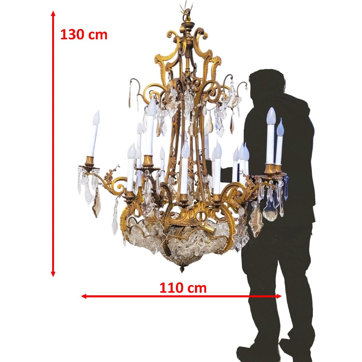 Grand lustre H130cm, bronze et cristal, début XXème siècle-photo-2