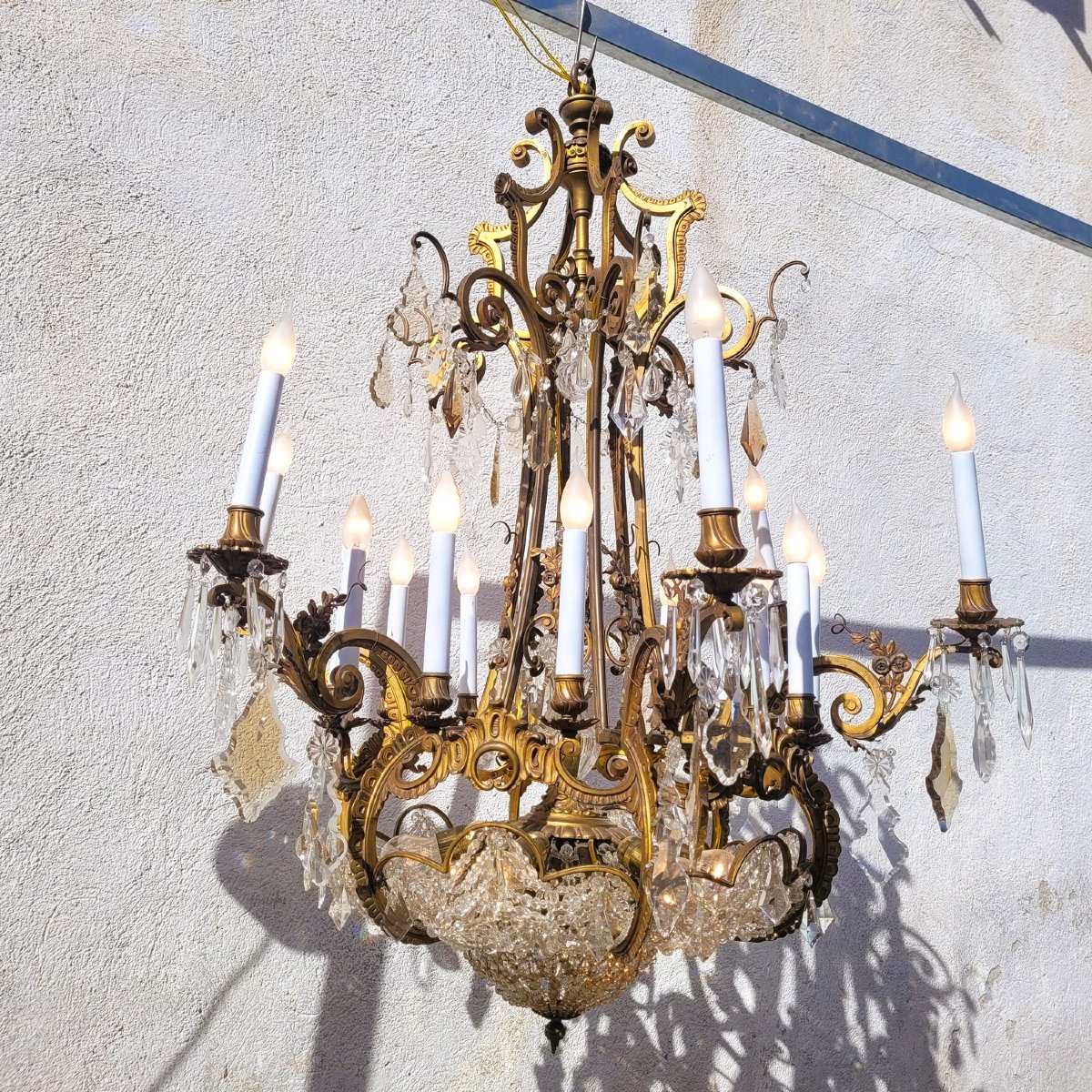 Grand lustre H130cm, bronze et cristal, début XXème siècle-photo-3