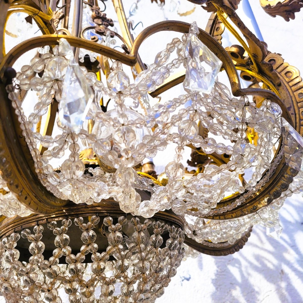 Grand lustre H130cm, bronze et cristal, début XXème siècle-photo-5