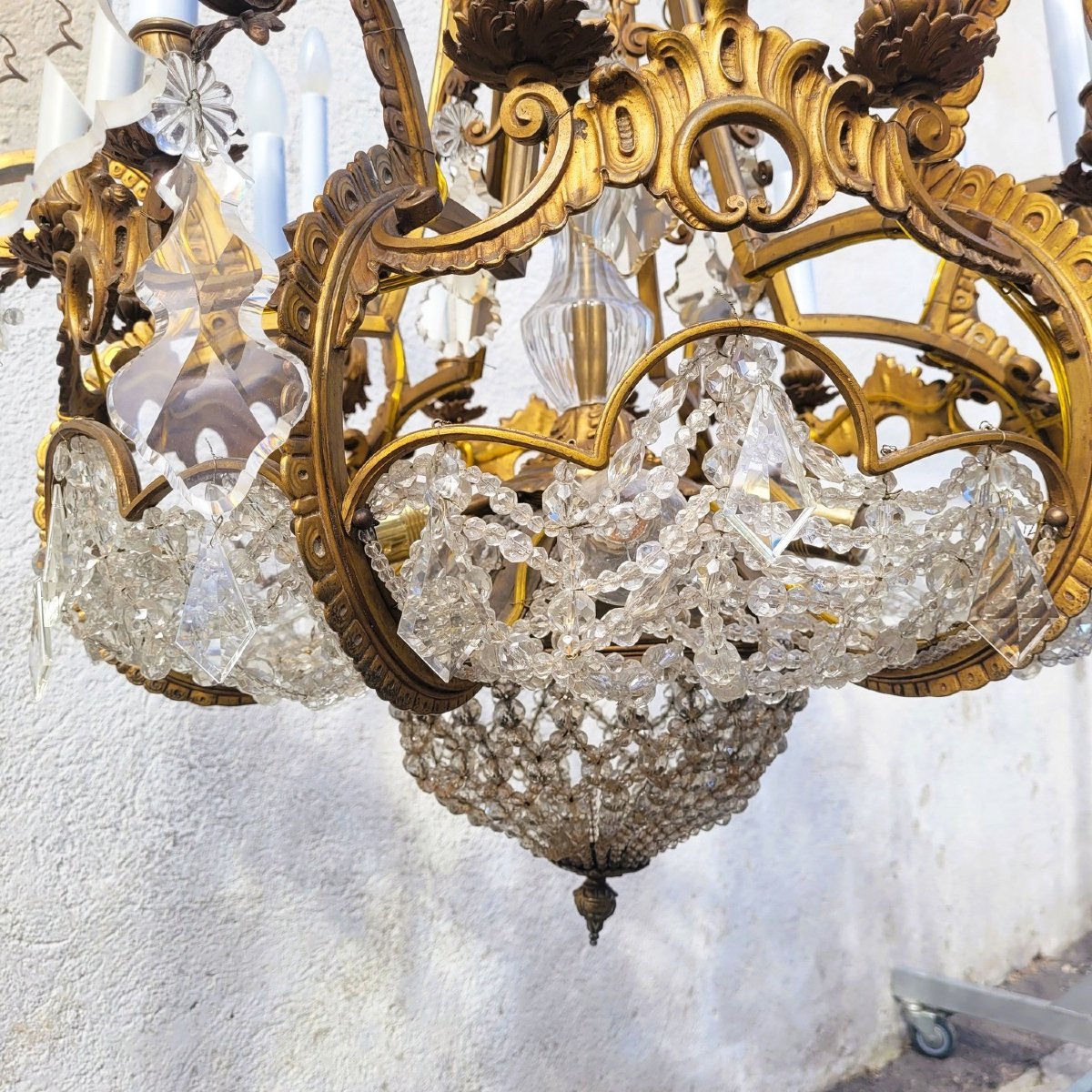 Grand lustre H130cm, bronze et cristal, début XXème siècle-photo-6